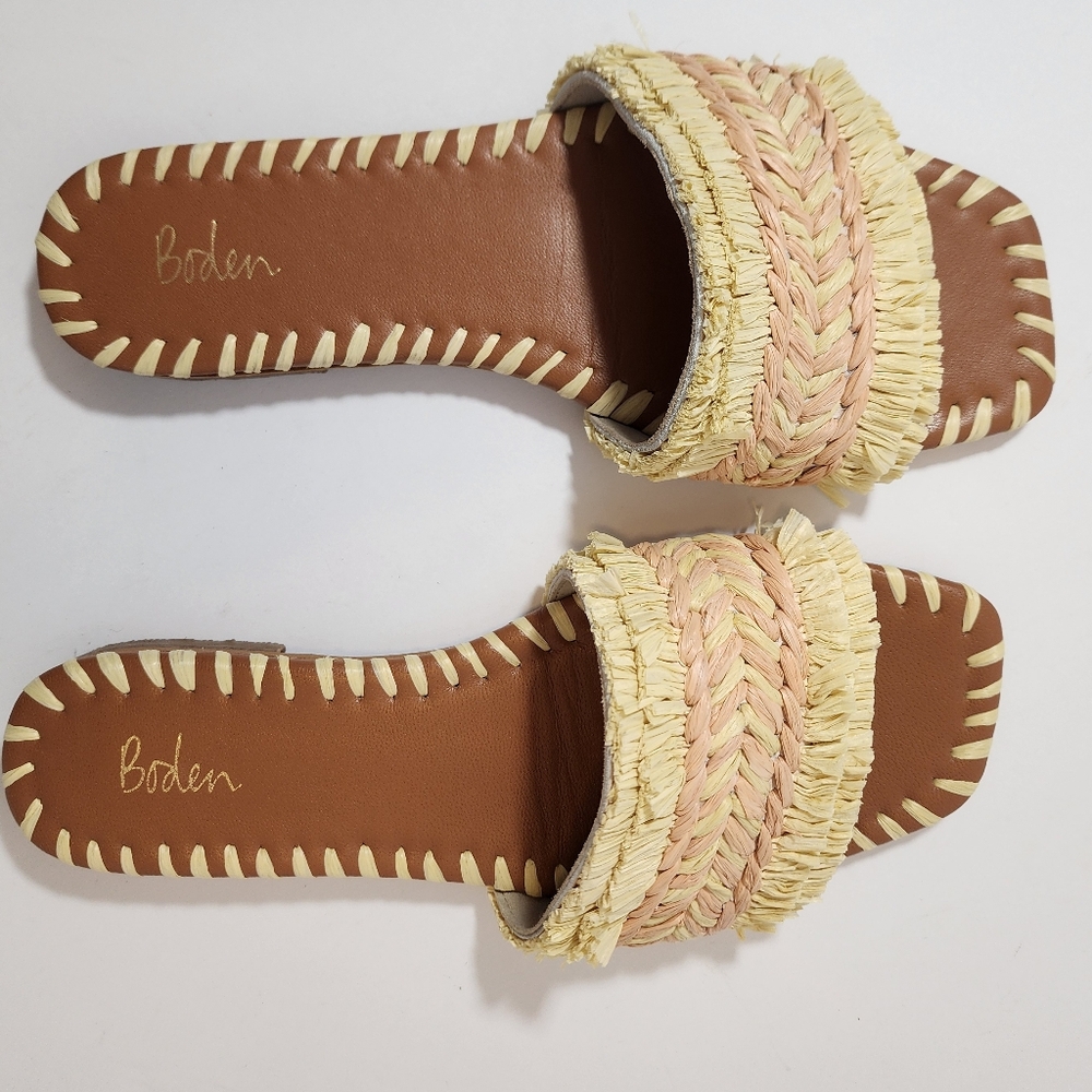 Boden Raffia Woven Fringe Slide Sandals Beige Pink Flat Summer Shoes Women 37‎